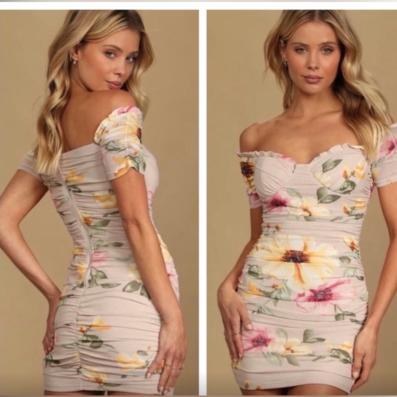 NWT Lulus Adore The Attention Taupe Floral Ruched Dress Bodycon M/L - Picture 1 of 7